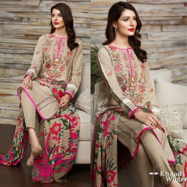 QN525 WINTER Embroidered khaddar 3pc With Wool Shaw - Qirat Noman