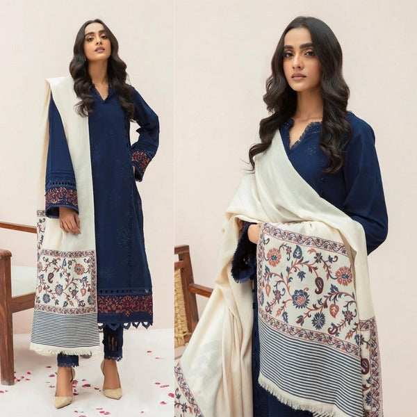 QN600 WINTER 3PC Dhannak Embroidered suit with Printed Shawll - Qirat Noman