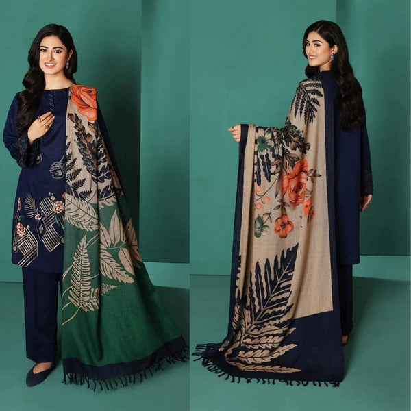 QN585 WINTER Nishat Blue Linen Embroidered three piece With Printed Wool Shawll - Qirat Noman