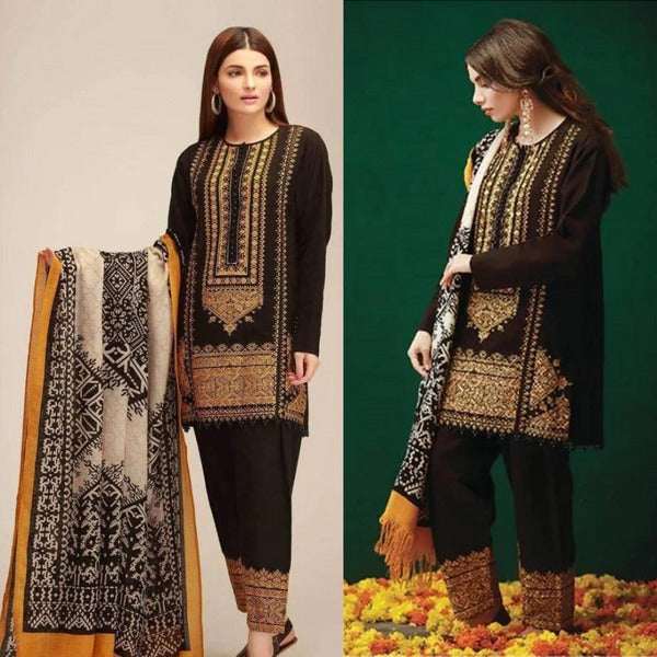 QN424 WINTER UNSTITCHED 3PC Khaddar Embroidered Suit with Printed Wool Shawll - Qirat Noman