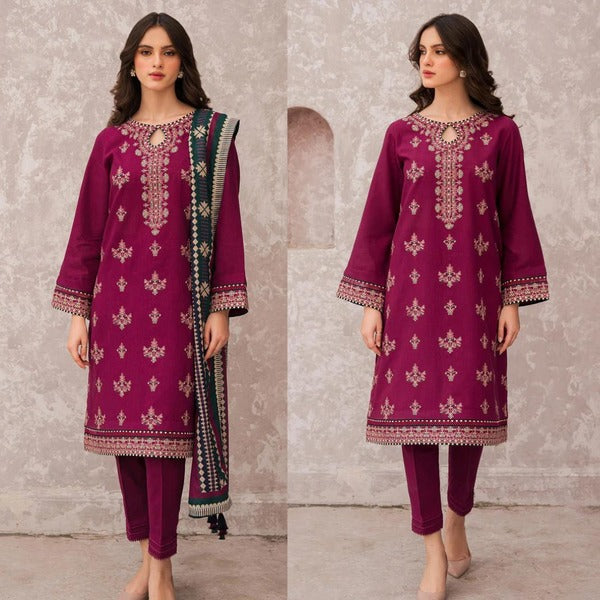 QN619 WINTER 3PC Dhannak Embroidered suit with Printed Shawll - Qirat Noman