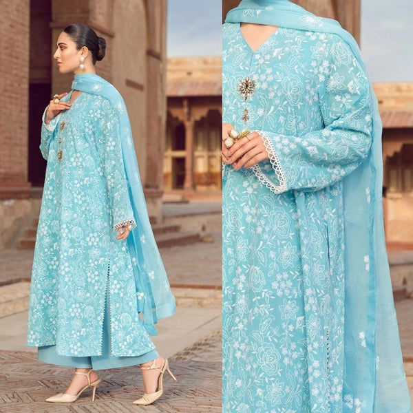 QN209 Bareeze Embroidered Summer 3pc lawn dress with embroidered chiffon dupatta - Qirat Noman