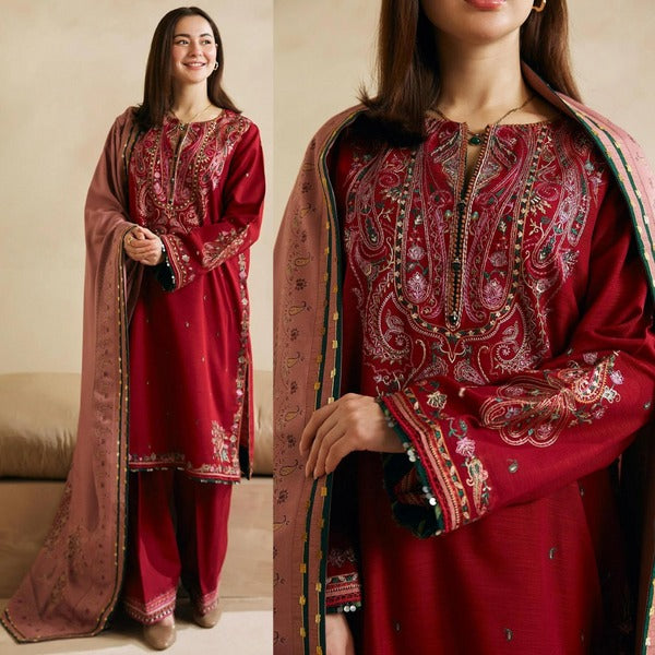 QN602 WINTER 3Pc Embroidered Dhanak Suit with Heavy Embroidered Dhanak Shawll - Qirat Noman