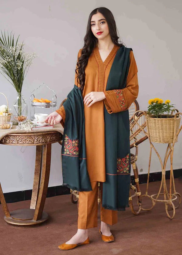 QN400 WINTER 3PC Dhanak suit with Embroidered Shawll - Qirat Noman