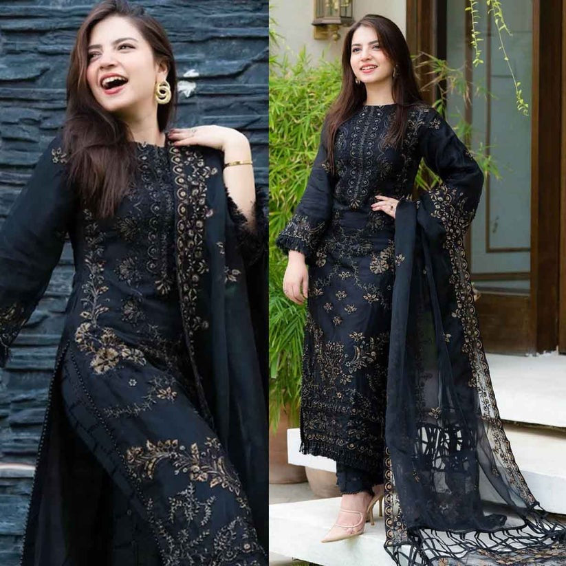 QN005-NISA - 3PC Summer Lawn Embroidered Shirt With Chiffon Embroidered Dupatta - Qirat Noman