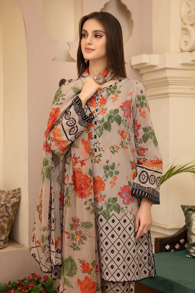 QN700-SUMMER 3Pc Digital Printed Lawn Shirt With Printed Lawn Trouser and Daimond Dupatta - Qirat Noman