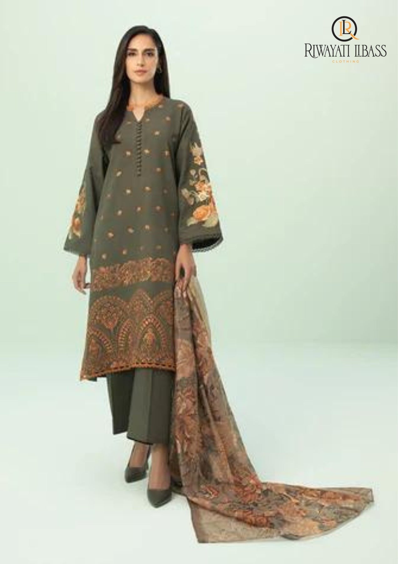 QN588 Winter 3PCs Dhanak Embroidered Dress With Dhanak Printed Shawl - Qirat Noman