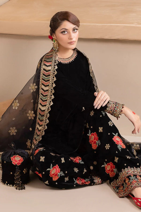 QN577 Embroidered Winter Velvet Dress With Organza embroidered Dopata - Qirat Noman