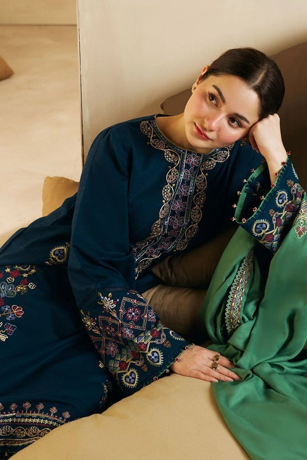 QN590 Winter 3Pc Embroidered Dhanak Suit with Heavy Embroidered Dhanak Shawll - Qirat Noman