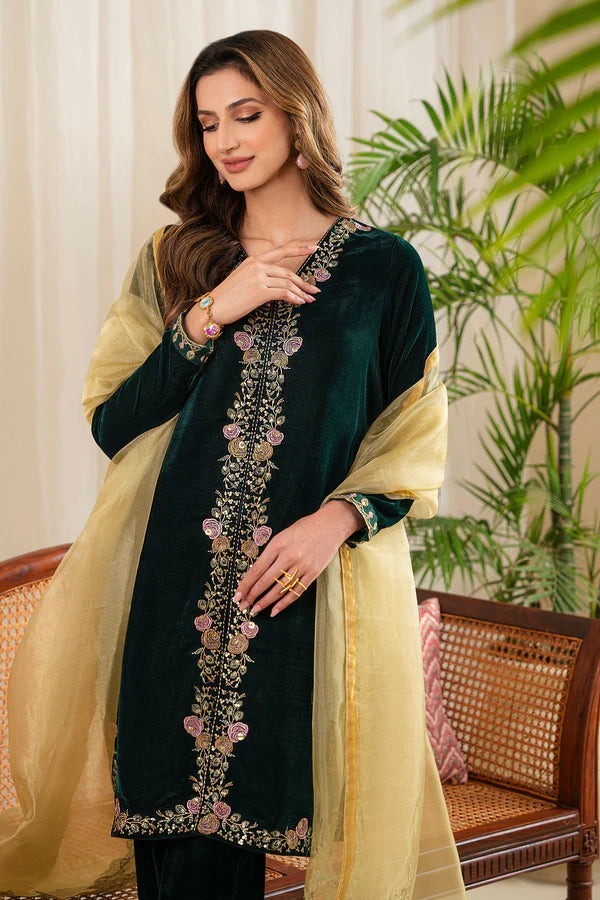 QN630 WINTER Velvet Embroidered Dress With Organza embroidered Dopata - Qirat Noman