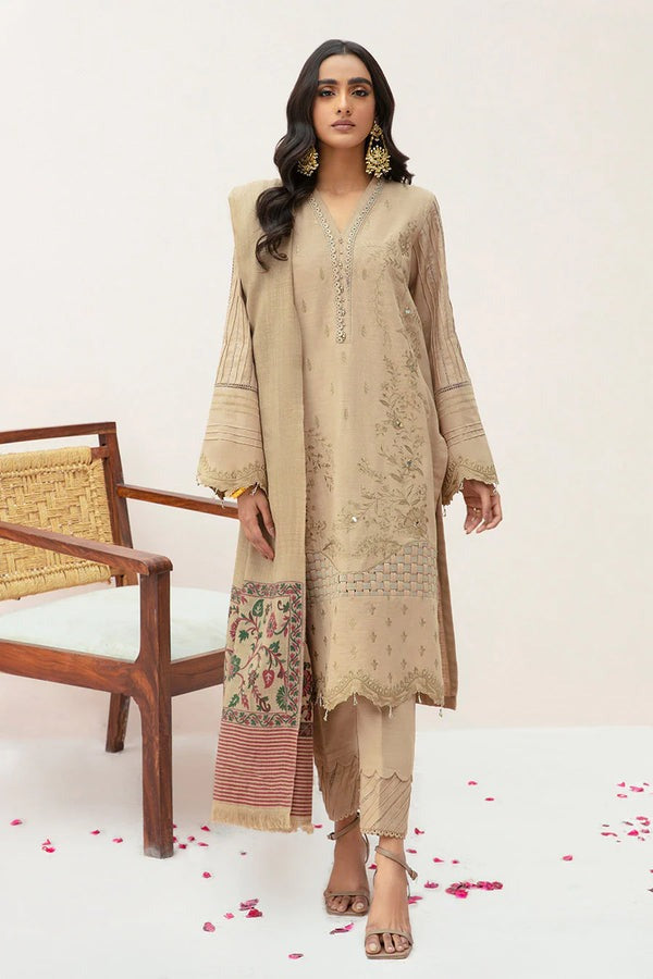 QN574 WINTER 3PC Dhannak Embroidered suit with Printed Shawll - Qirat Noman