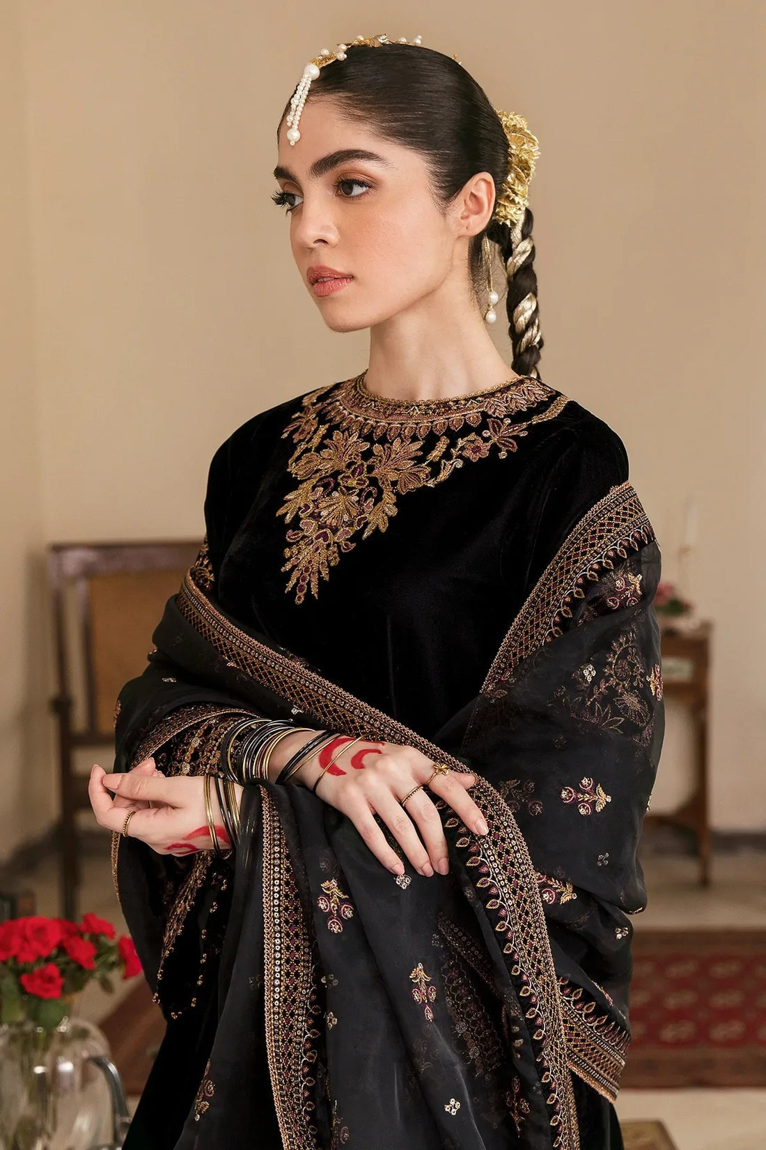 QN563 Winter Embroidered Velvet Dress With Organza embroidered Dopata - Qirat Noman