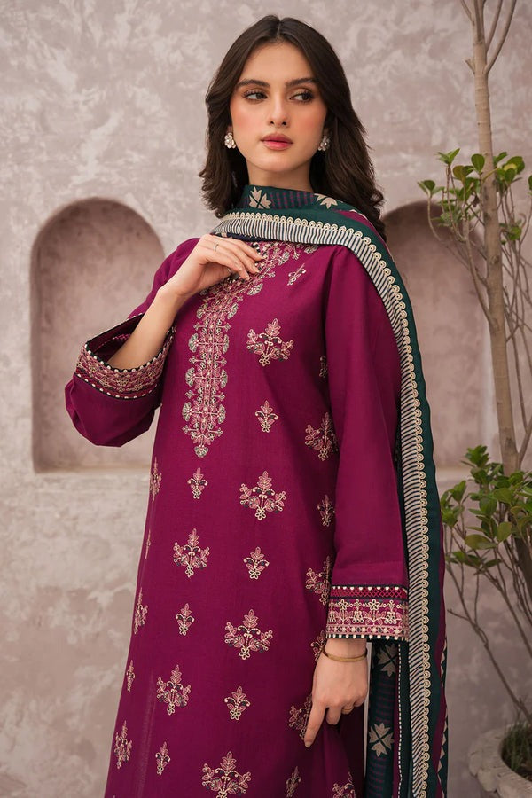 QN619 WINTER 3PC Dhannak Embroidered suit with Printed Shawll - Qirat Noman