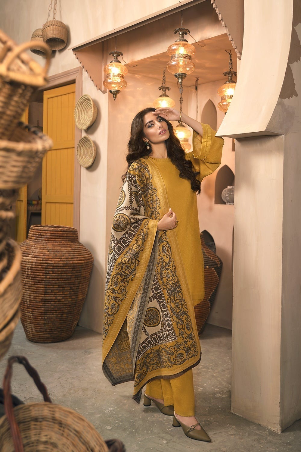 QN810 Winter Nishat Mustard Linen Plain three piece With Printed Karandi Shawll - Qirat Noman