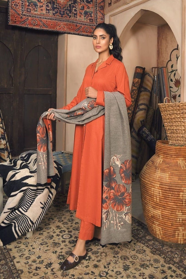 QN812 WINTER Nishat Orange Linen Plain three piece With Printed Karandi Shawll - Qirat Noman