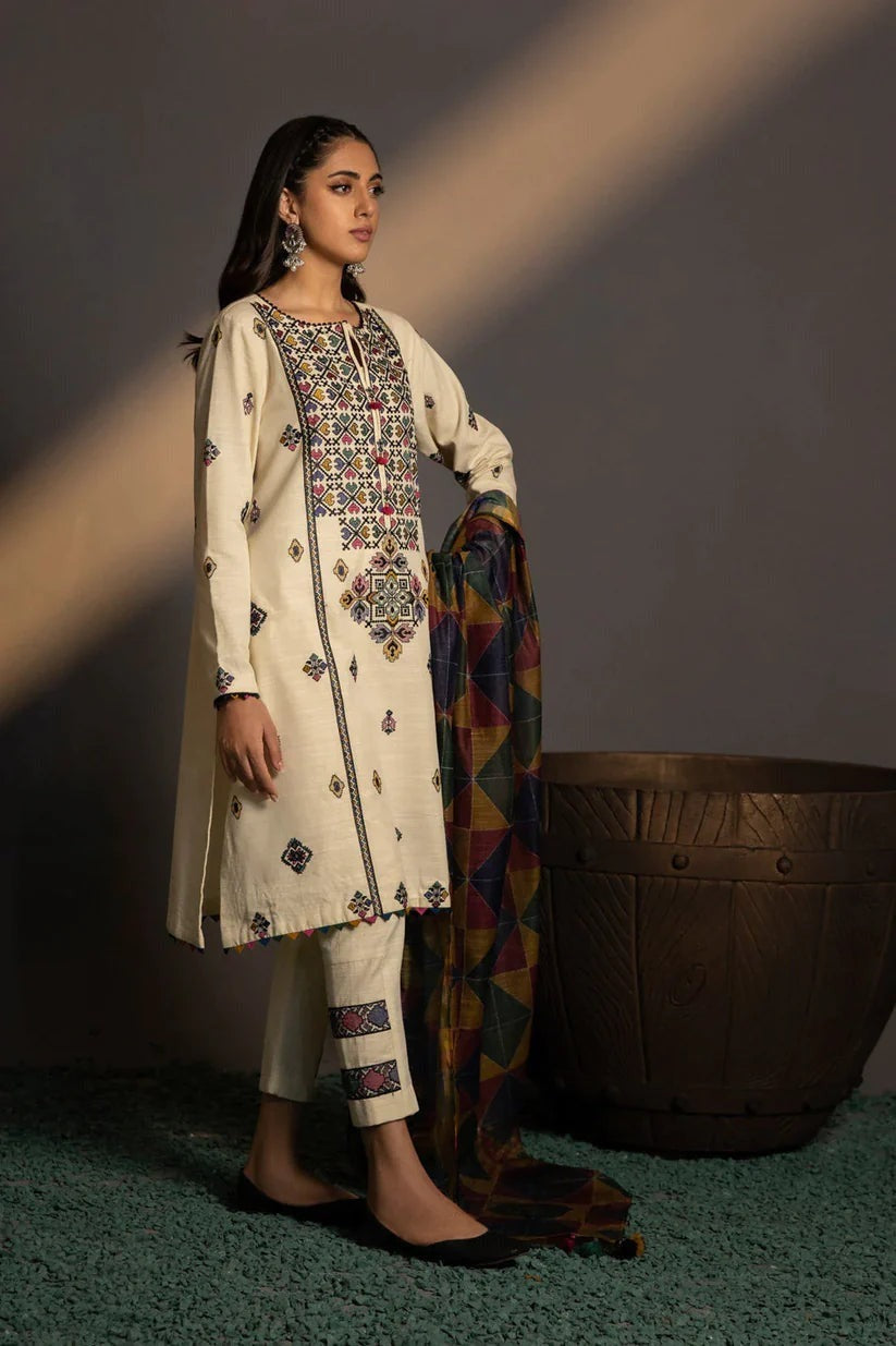 QN584 WINTER 3PC Khaddar Embroidered Suit with Printed Wool Shawll - Qirat Noman