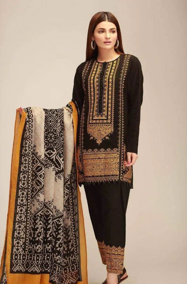 QN424 WINTER UNSTITCHED 3PC Khaddar Embroidered Suit with Printed Wool Shawll - Qirat Noman