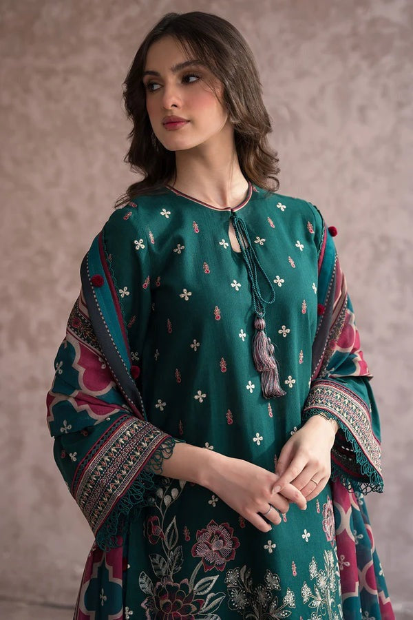 QN625 WINTER 3PC Dhannak Embroidered suit with Printed Shawll - Qirat Noman