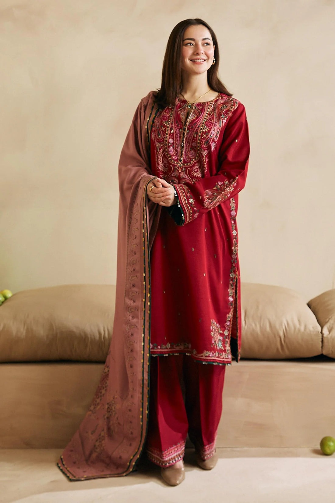 QN602 WINTER 3Pc Embroidered Dhanak Suit with Heavy Embroidered Dhanak Shawll - Qirat Noman