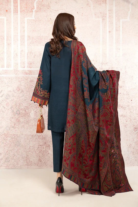 QN582 WINTER 3PC Khaddar Embroidered Suit with Printed Wool Shawll - Qirat Noman