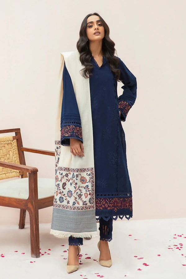 QN600 WINTER 3PC Dhannak Embroidered suit with Printed Shawll - Qirat Noman