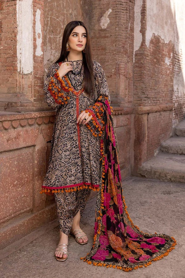 QN206 3PC Summer Lawn Printed Shirt With Patches & Bamber Chiffon Printed Dupatta - Qirat Noman