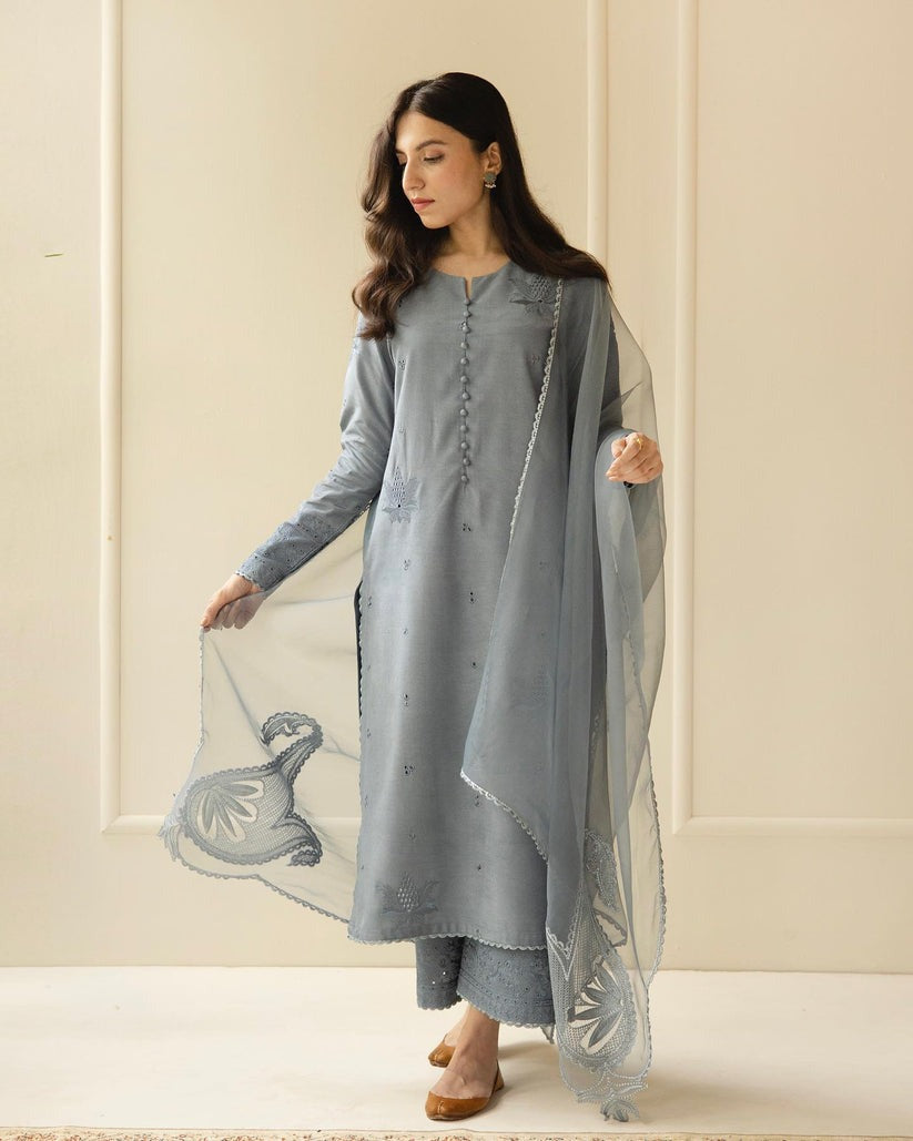 QN730-SUMMER 3PC Lawn Embroidered Shirt With Organza Embroidered Dupatta - Qirat Noman