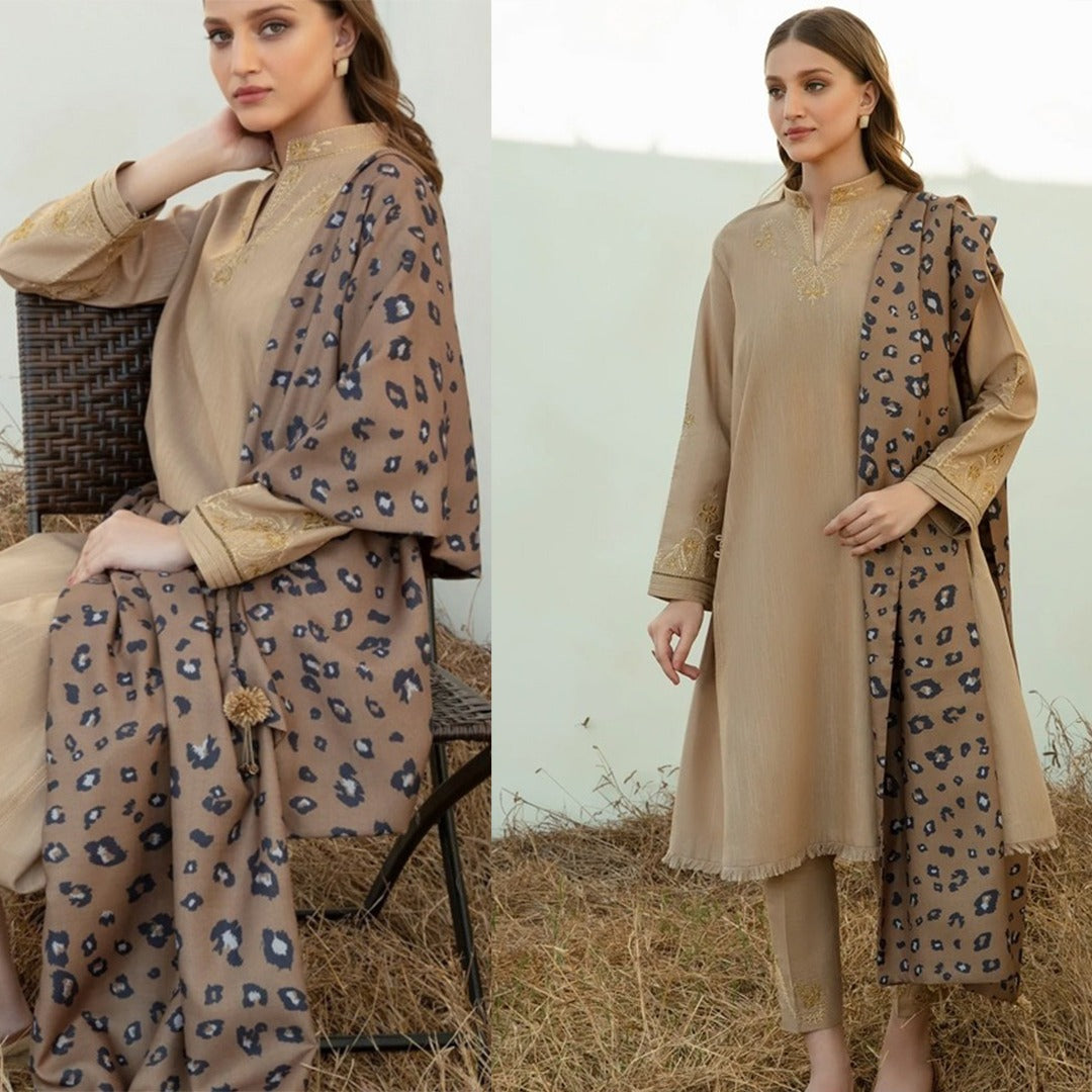 QN805 Winter 3PC Dhannak Embroidered suit with Printed Shawll - Qirat Noman