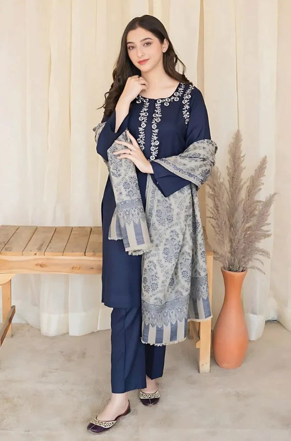 QN627 3PC Winter Dhannak Embroidered suit with Printed Shawll - Qirat Noman