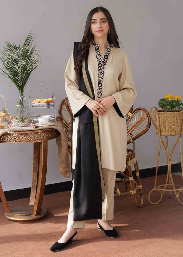 QN407 WINTER 3PC Dhanak suit with Embroidered Shawll - Qirat Noman