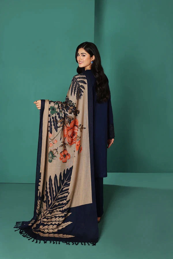 QN585 WINTER Nishat Blue Linen Embroidered three piece With Printed Wool Shawll - Qirat Noman