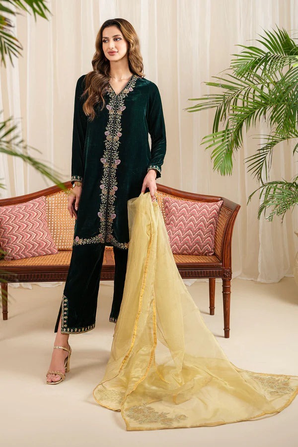 QN630 WINTER Velvet Embroidered Dress With Organza embroidered Dopata - Qirat Noman