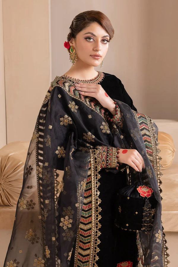 QN577 Embroidered Winter Velvet Dress With Organza embroidered Dopata - Qirat Noman