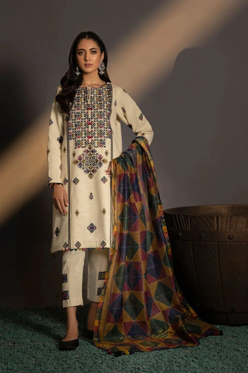 QN584 WINTER 3PC Khaddar Embroidered Suit with Printed Wool Shawll - Qirat Noman