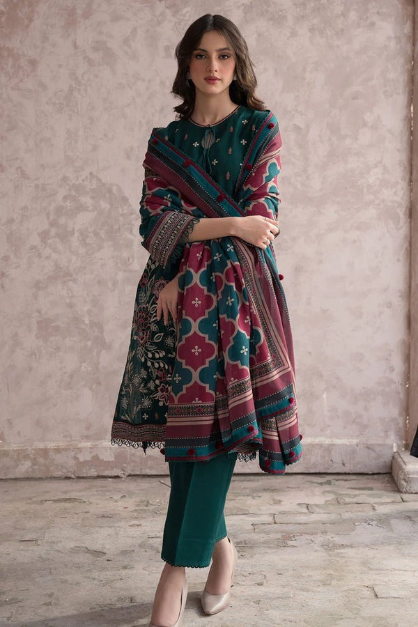 QN625 WINTER 3PC Dhannak Embroidered suit with Printed Shawll - Qirat Noman