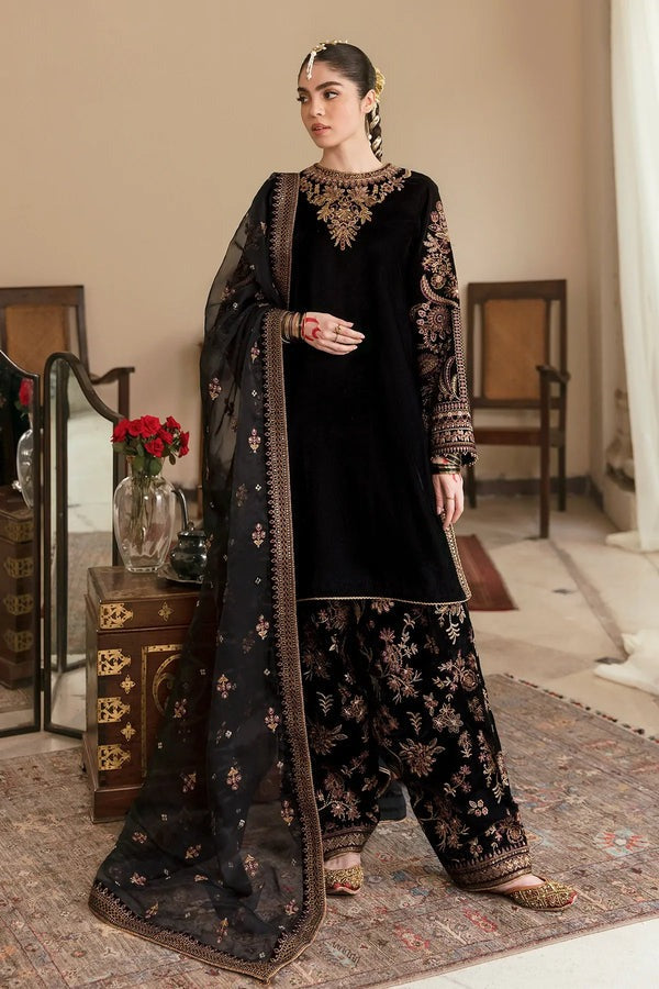 QN563 Winter Embroidered Velvet Dress With Organza embroidered Dopata - Qirat Noman