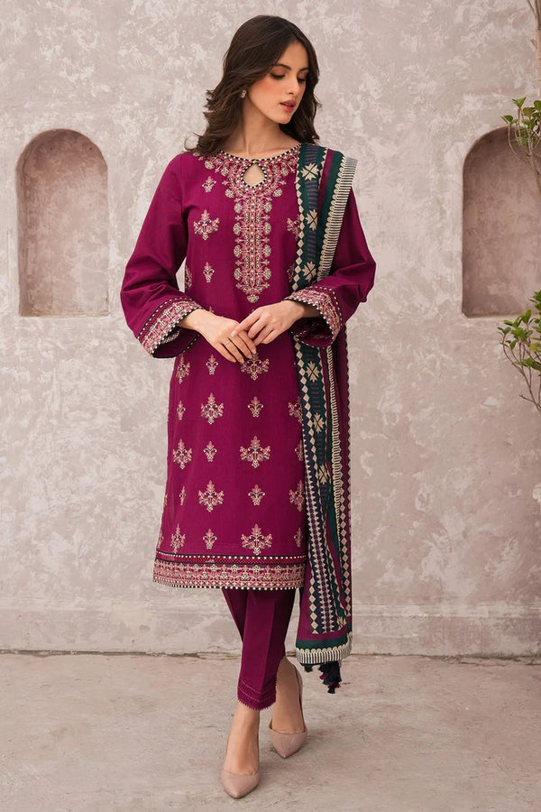 QN619 WINTER 3PC Dhannak Embroidered suit with Printed Shawll - Qirat Noman