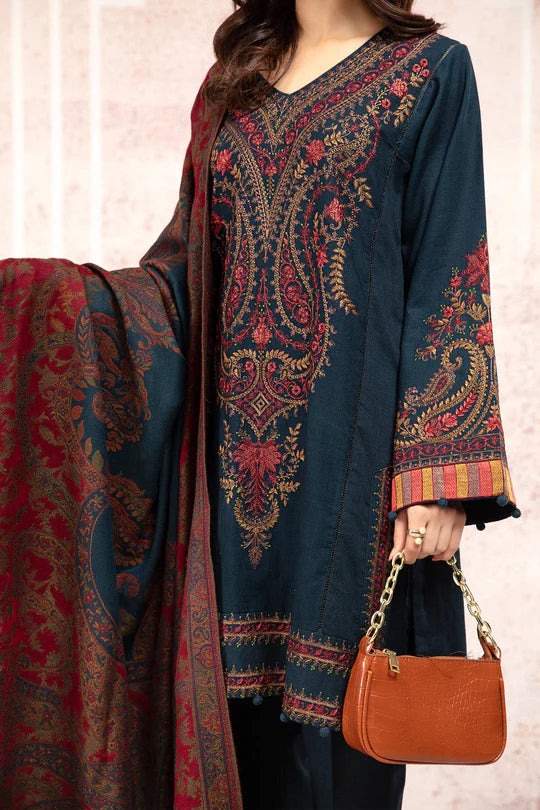 QN582 WINTER 3PC Khaddar Embroidered Suit with Printed Wool Shawll - Qirat Noman