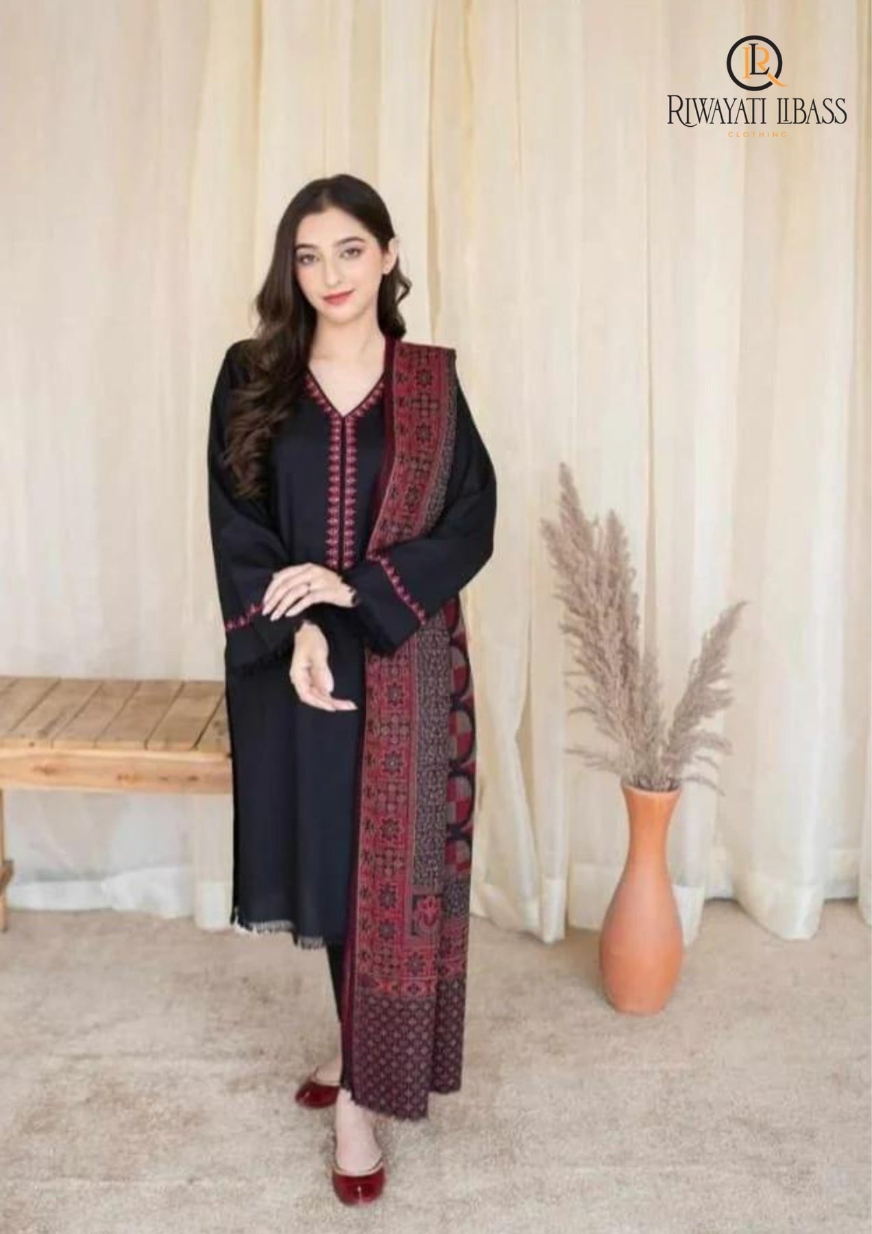 QN628 Winter 3PCs Dhanak Embroidered Dress With Dhanak Embroidered Shawl - Qirat Noman