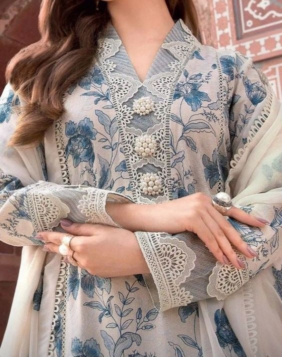 QN729 Bareeze Embroidered Summer 3pc lawn dress with embroidered chiffon dupatta - Qirat Noman