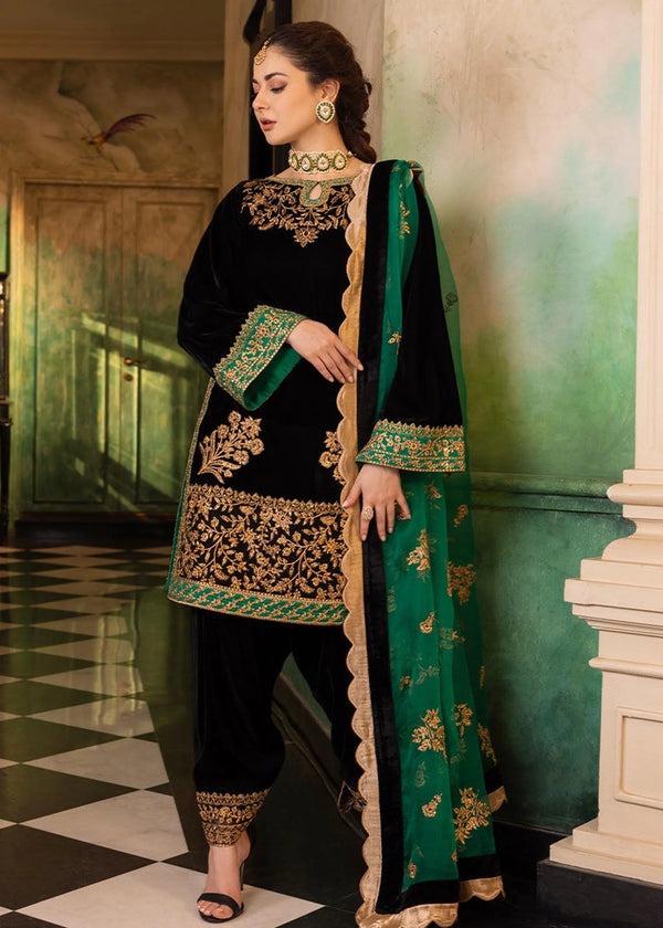 QN551 Velvet Winter Embroidered 3 Piece Dress With Organza embroidered Dopata - Qirat Noman