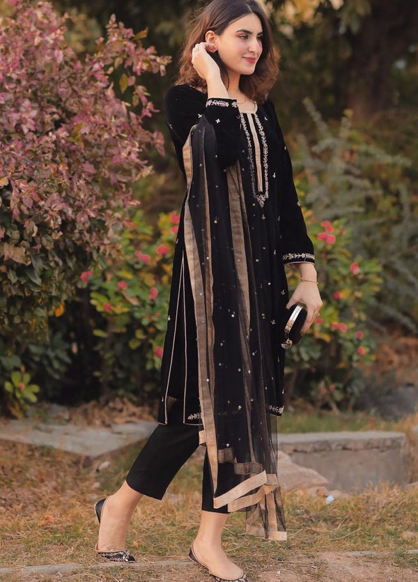 QN409 WINTER Velvet Embroidered Dress With Organza embroidered Dopata - Qirat Noman