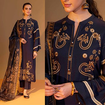 QN824 WINTER 3PC Dhannak Embroidered suit with Printed Shawll - Qirat Noman