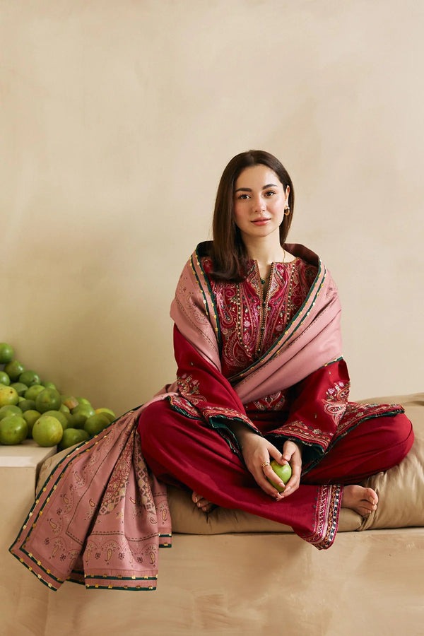 QN602 WINTER 3Pc Embroidered Dhanak Suit with Heavy Embroidered Dhanak Shawll - Qirat Noman