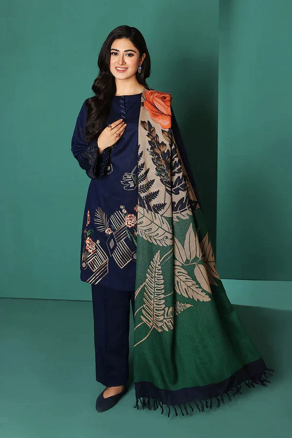 QN585 WINTER Nishat Blue Linen Embroidered three piece With Printed Wool Shawll - Qirat Noman