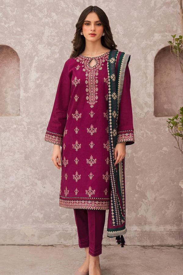 QN619 WINTER 3PC Dhannak Embroidered suit with Printed Shawll - Qirat Noman