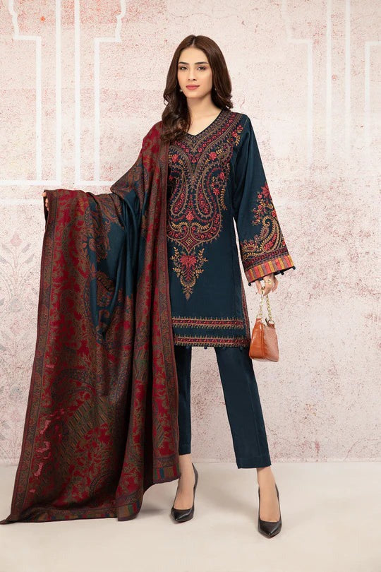 QN582 WINTER 3PC Khaddar Embroidered Suit with Printed Wool Shawll - Qirat Noman