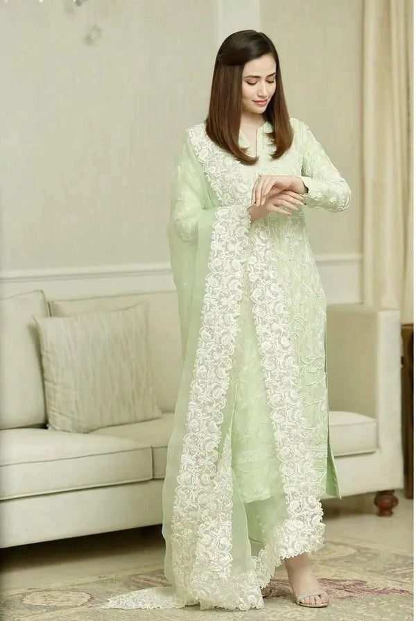 QN001 Pista 3PC Summer Lawn Heavy Embroidered Shirt With Organza Embroidered Dupatta - Qirat Noman