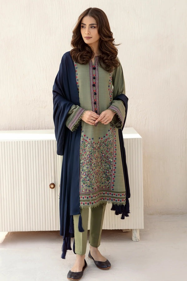 QN550 3pc Winter Embroidered khaddar Shirt With Bumble Wool Shawll - Qirat Noman