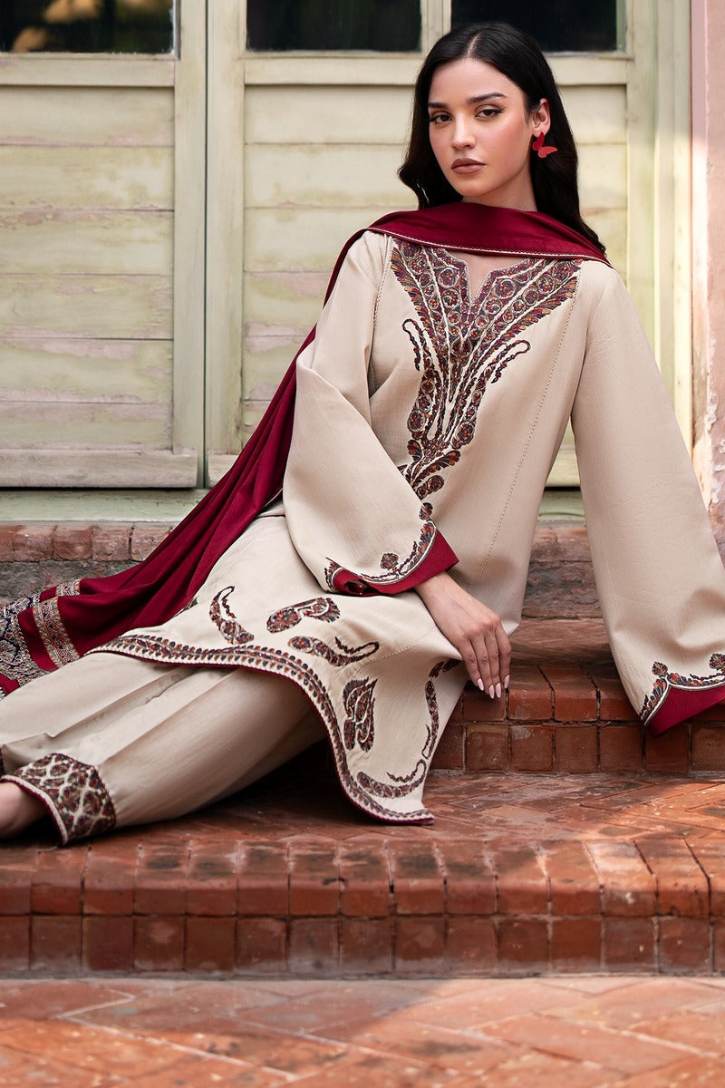 QN817 Winter 3PC Dhannak Embroidered suit with Printed Shawll - Qirat Noman